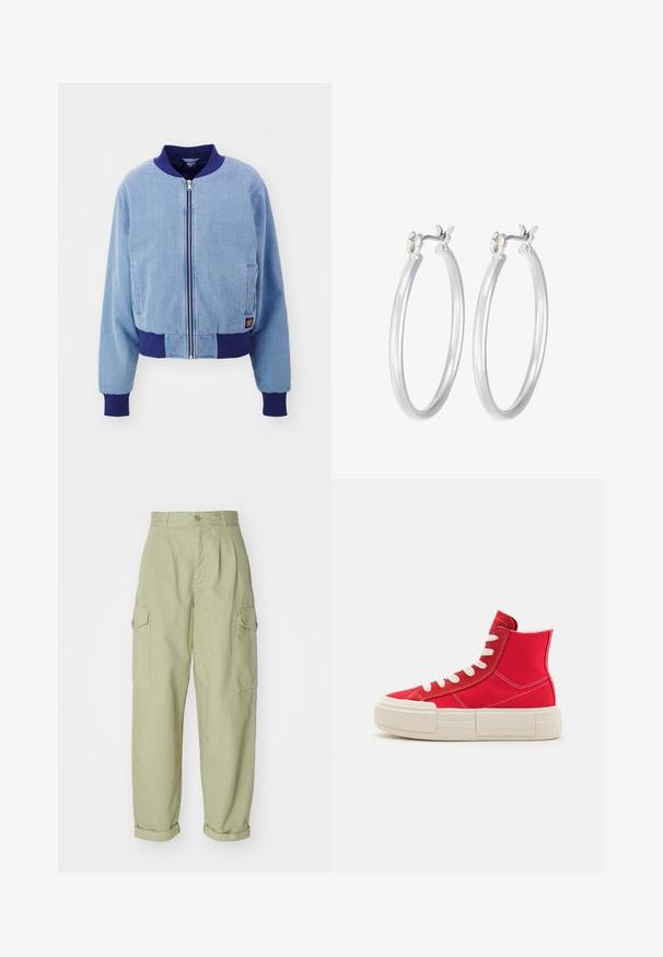 Zila korduroja bomber jaka ar tumši zilu ribota apkakli un aprocēm, ar priekšējo rāvējslēdzēju un sānu kabatām.; Balts ribots garām piedurknēm krekls ar apaļu kakla izgriezumu. Izgatavots no elastīga auduma, kas pieguļ ķermenim. Iezīmējas ar smalkām horizontālām līnijām.; Gaiši zaļas kravas bikses, izgatavotas no kokvilnas auduma. Tām ir augsts jostasvieta, sarullētas malas un divi sānu kravas kabatas papildu praktiskumam.; Augsta sporta apavi spilgti sarkānā kanvas ar baltām šņorēm, biezu bēšas krāsas zoli un redzamām šuvēm. Iezīmējas ar mīkstu potītes atbalstu.; Sudraba riņķveida auss gredzeni ar gludu, pulētu apdari. Apaļa forma un drošs klikšķa augšējais slēgums. Viegls dizains, kas piemērots ikdienas valkāšanai.