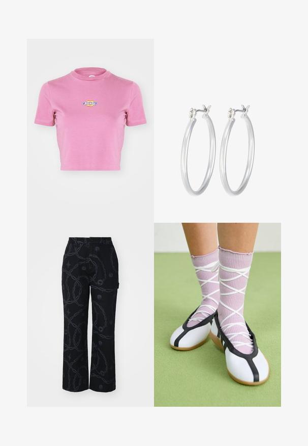 Blå corduroy bomberjakke med en marineblå ribbet krave og manchetter, med front lynlås og sidelommer.; Dickies MAPLE VALLEY - T-shirts print - mellow mauve; Sorte breddebenede bukser lavet af stof med et mørkt kædemønster og runde emblembeslag. Knaplukning og sidelommer inkluderet.; Hvide flade sko med sort trim og sål, parret med lyse lilla ribbede sokker med hvide krydsseler. Sat mod en grøn baggrund.; Sølv hoop øreringe med en glat, poleret overflade. Rund form og sikker klik-lukning. Letvægtsdesign, der er velegnet til hverdagsbrug.