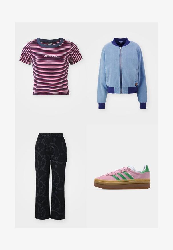 Kék kordbársony bomberdzseki tengerészkék bordás gallérral és mandzsettákkal, elülső cipzárral és oldalsó zsebekkel.; Csíkos, rövidujjú póló tengerészkék, piros és rózsaszín színekben. Egyszínű tengerészkék nyakkivágással rendelkezik, valamint hímzett "SANTA CRUZ" logó található az elején.; Fekete, bő szárú nadrág sötét láncmintás anyagból, kerek emblémával díszítve. Gombos záródás és oldalsó zsebek találhatók rajta.; Rózsaszín zamákból készült sportcipő zöld csíkokkal, fehér díszítéssel és barna gumi talppal. Texturált anyaggal és logóval ellátott részletekkel az oldalon.