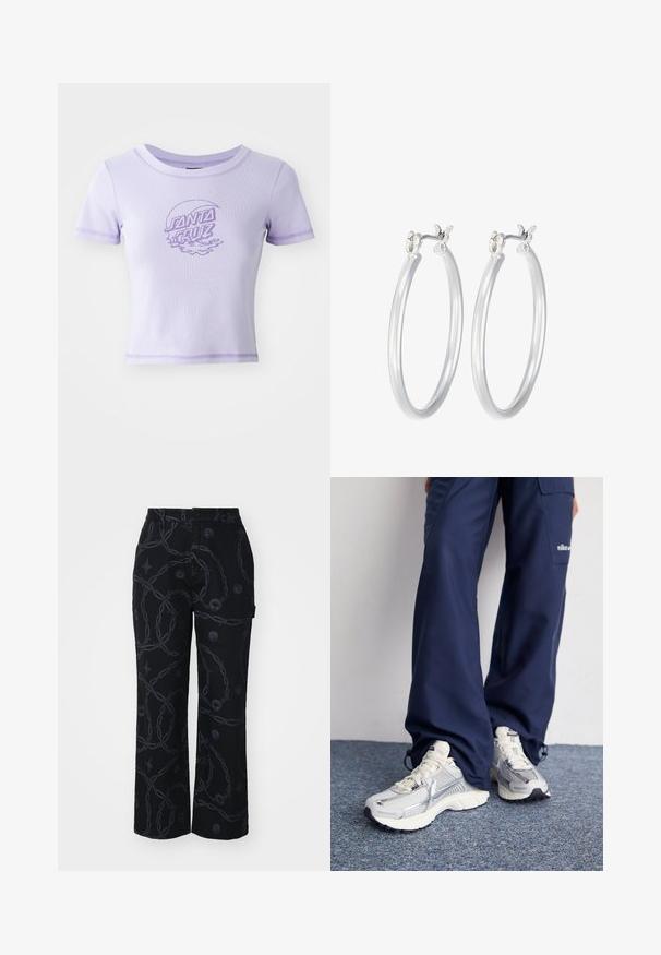 Blå corduroy bomberjakke med en marineblå ribbet krave og manchetter, med front lynlås og sidelommer.; Lilla tætsiddende T-shirt med korte ærmer, rund halsudskæring og kontrastsyet. Har et "SANTA CRUZ" grafisk design foran.; Sorte breddebenede bukser lavet af stof med et mørkt kædemønster og runde emblembeslag. Knaplukning og sidelommer inkluderet.; Nike sportssko med en sølvfarvet mesh-overdel, hvide detaljer og strukturerede såler, parret med løstsiddende navy bukser.; Sølv hoop øreringe med en glat, poleret overflade. Rund form og sikker klik-lukning. Letvægtsdesign, der er velegnet til hverdagsbrug.