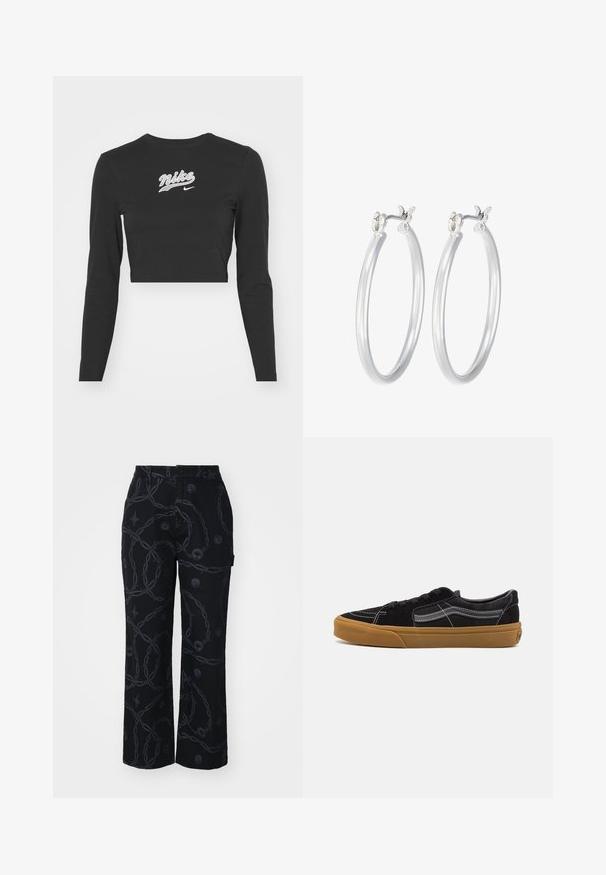 Mėlynas kordūrojinio audinio bomberis su tamsiai mėlynu raštuotu apykakle ir rankogaliais, turintis priekinį užtrauktuką ir šonines kišenes.; Juodas ilgos rankovės trumpas marškinėlis, pagamintas iš medvilnės, su balta siuvinėta "Nike" logotipu ir šuoliu krūtinės srityje, apvaliu iškirpimu ir priglundančiu dizainu.; Juodos plačios kojos kelnės, pagamintos iš audinio su tamsiu grandinės raštu ir apvalių emblemų akcentais. Su mygtukų užtrauktuku ir šoninėmis kišenėmis.; Juodi suede sportbačiai su balta siūle ir firminiu šoniniu juosteliu, turintys rudą gumos padą ir žemo profilio dizainą. Su juodais raišteliais.; Sidabriniai auskarai su sklandžiu, poliruotu paviršiumi. Apvalios formos ir saugus uždarymo mechanizmas. Lengvas dizainas, tinkantis kasdieniam dėvėjimui.