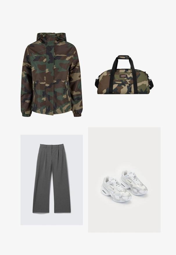 Camouflage jacket with a hood, featuring shades of green, brown, and black. Includes zippered front pockets and elastic cuffs.; Two sleeveless tank tops: one white, ribbed texture, and one light gray with a subtle heather pattern. Both have round necklines.; Gray pinstriped wide-leg trousers with front pleats and belt loops, laid flat on a white background.; White athletic shoes featuring a mesh upper with silver accents, a unique shape, and air cushioning in the heel. Laced design with logo.; Camouflage duffel bag with a synthetic fabric, black straps, top handle, and front zippered pocket; features green, brown, and beige patterns.; Silver necklace with a textured pendant featuring a globe and cross, set against a black knit fabric background. Chain is delicate and round.