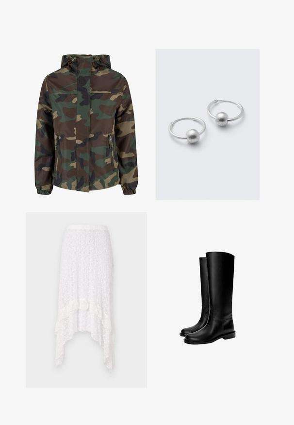 Maskovací bunda s kapucí, v odstínech zelené, hnědé a černé. Obsahuje zipové přední kapsy a elastické manžety.; Černobílý pruhovaný top s dlouhým rukávem, vyrobený z měkké tkaniny, s lodičkovým výstřihem a bočními rozparky pro snadný pohyb.; Krajková bílá sukně s texturovaným květinovým vzorem, asymetrickým lemem a volánkovými akcenty na spodní části, s pružným pasem.; Černé kožené boty po kolena s hladkým povrchem, kulatou špičkou, plochou podrážkou a minimalistickým designem, s prošívanými švy a bez viditelného kování.; Stříbrné kruhové náušnice s hladkým, kulovitým akcentem. Povrch je matný a lesklý, což vytváří elegantní, minimalistický design.