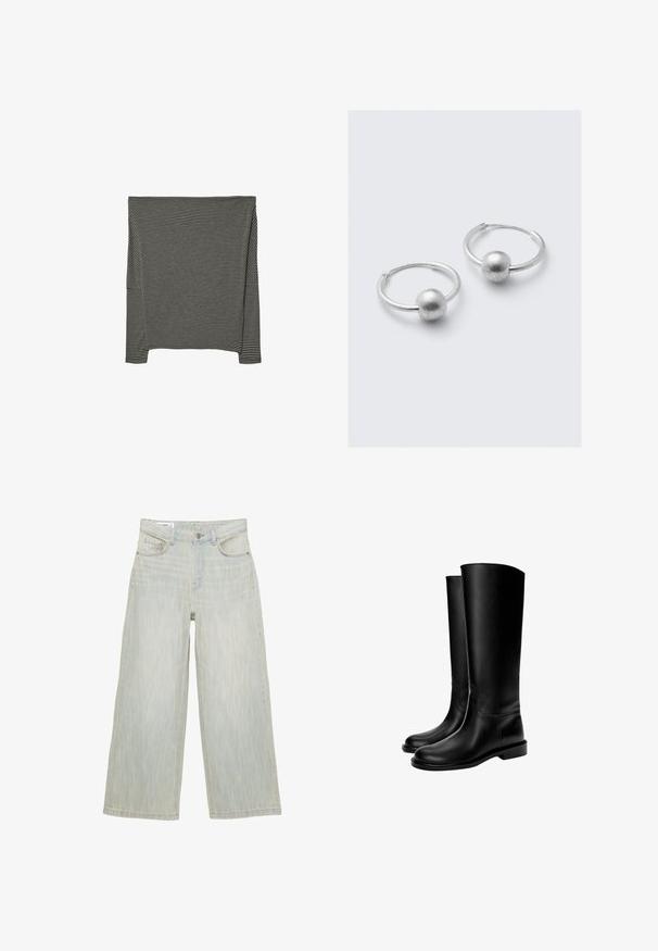 Tarnjacke mit Kapuze, in Grüntönen, Braun und Schwarz. Verfügt über Reißverschlusstaschen vorne und elastische Bündchen.; Langärmliges Oberteil mit schwarz-weißen Streifen, aus weichem Stoff, mit einem Bootsausschnitt und seitlichen Schlitzen für uneingeschränkte Bewegungsfreiheit.; Hellblaue weit geschnittene Jeans mit hoher Taille, vorderem Knopf, Reißverschluss, Gürtelschlaufen und fünf Taschen.; Schwarze knielange Lederstiefel mit glatter Textur, runder Zehenform, flacher Sohle und minimalistischem Design, mit genähten Nähten und ohne sichtbare Beschläge.; Silberne Creolen mit einem glatten, sphärischen Akzent. Das Finish ist gedämpft und poliert und schafft ein elegantes, minimalistisches Design.