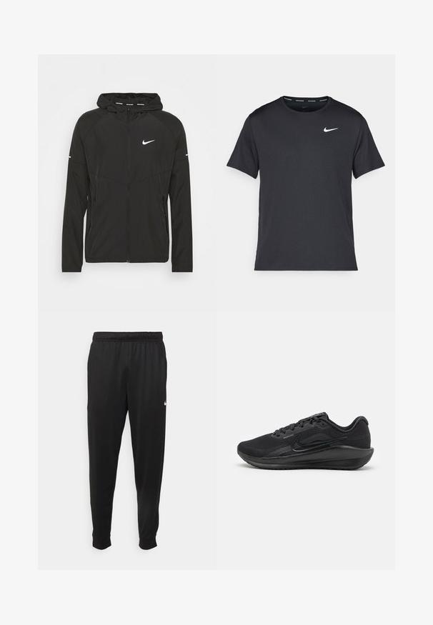Black Nike running jacket with a zippered front, hood, and long sleeves. Features a white logo on the chest and stripes on the sleeves.; Black Nike running T-shirt made of lightweight, breathable material, featuring short sleeves and a small white logo on the chest.; Black athletic pants made of smooth fabric, featuring an elastic waistband, tapered legs, and a small white logo on the left side.; Black athletic shoes made of mesh and synthetic materials, featuring a streamlined design, padded collar, and rubber sole with traction.