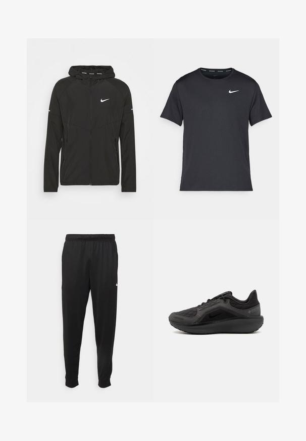 Schwarze Nike Laufjacke mit Reißverschluss vorne, Kapuze und langen Ärmeln. Verfügt über ein weißes Logo auf der Brust und Streifen an den Ärmeln.; Schwarzes Nike Lauft-Shirt aus leichtem, atmungsaktivem Material, mit kurzen Ärmeln und einem kleinen weißen Logo auf der Brust.; Schwarze Sporthosen aus glattem Stoff, mit einem elastischen Bund, schmal zulaufenden Beinen und einem kleinen weißen Logo auf der linken Seite.; Schwarzer Sportschuh mit strukturiertem, gestepptem Obermaterial, schlankem Design und schwarzem Gummisohle. Verfügt über ein sichtbares Logo und Gore-Tex-Branding.