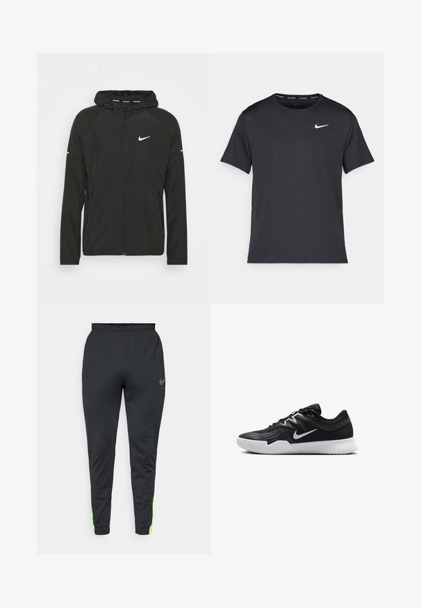 Chaqueta de running negra de Nike con cremallera en el frente, capucha y mangas largas. Presenta un logo blanco en el pecho y rayas en las mangas.; Camiseta de running negra de Nike, hecha de material ligero y transpirable, con mangas cortas y un pequeño logo blanco en el pecho.; Pantalones deportivos negros con un diseño ajustado, cintura elástica y acentos en verde brillante a lo largo del costado. Fabricados con un material suave y ligero.; Zapatilla deportiva negra con parte superior texturizada, logo de Nike en blanco y suela de goma blanca. Tiene un diseño con cordones y una forma dinámica.