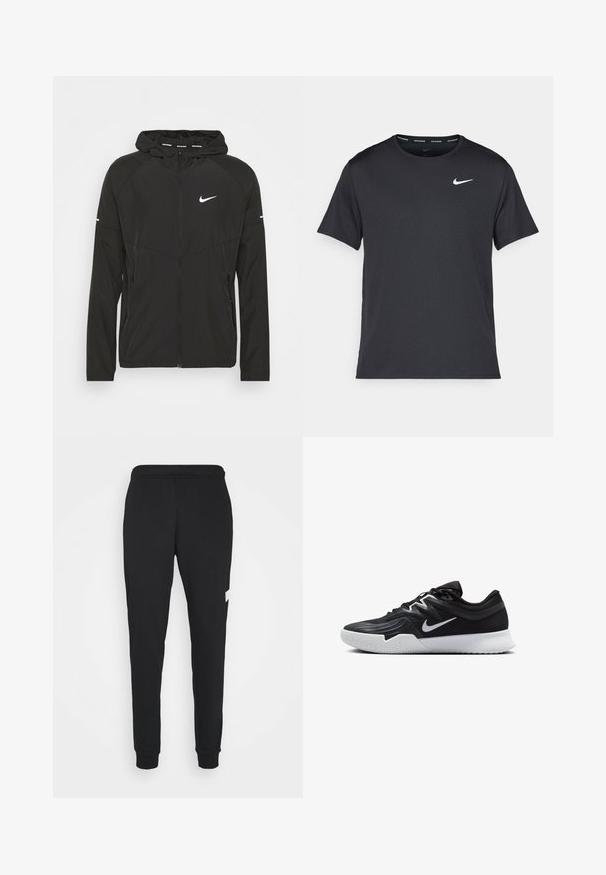 Schwarze Nike Laufjacke mit Reißverschluss vorne, Kapuze und langen Ärmeln. Verfügt über ein weißes Logo auf der Brust und Streifen an den Ärmeln.; Schwarzes Nike Lauft-Shirt aus leichtem, atmungsaktivem Material, mit kurzen Ärmeln und einem kleinen weißen Logo auf der Brust.; Nike Performance DRY TAPER - Jogginghose - black/white; Schwarzer Sportschuh mit strukturiertem Obermaterial, weißem Nike-Warenzeichen und einer weißen Gummisohle. Verfügt über ein Schnürdesign und eine dynamische Form.