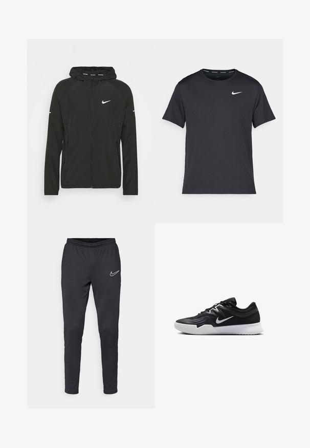 Must värviga Nike jooksmise jakk, millel on lukuga esiosa, kapuuts ja pikad varrukad. Rinna peal on valge logo ja varrukatel triibud.; Mustamust Nike'i jooksupaita, mis on valmistatud kergest ja hingavast materjalist, lühikeste varrukatega ja mille rinnal on väike valge logo.; Nike mustad mustrenid pükstes, elastse piha, kitsenevate jalgadega ja valge logoga vasakul küljel. Sile kude, ilma nähtavate mustriteta.; Must mustad jalanikesad rikaste ülaservaga, valge Nike swoosh'i ja valge kummist välispõhjaga. Omab paeltega sulgemisdetaili ja dünaamilist kuju.
