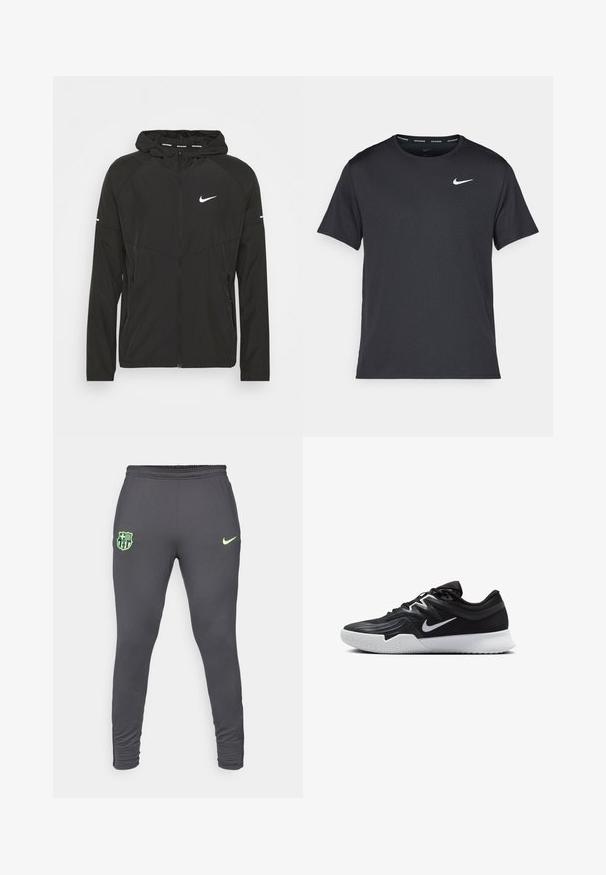 Veste de course Nike noire avec fermeture éclair à l'avant, capuche et manches longues. Présente un logo blanc sur la poitrine et des rayures sur les manches.; T-shirt de course noir Nike en matériau léger et respirant, avec des manches courtes et un petit logo blanc sur la poitrine.; Joggers de sport gris avec une coupe ajustée, dotés d'un logo Nike vert citron et d'un blason du club de Barcelone sur la cuisse gauche. Tissu extensible.; Chaussure de sport noire avec une tige texturée, un swoosh blanc de Nike et une semelle extérieure en caoutchouc blanc. Elle présente un design à lacets et une forme dynamique.