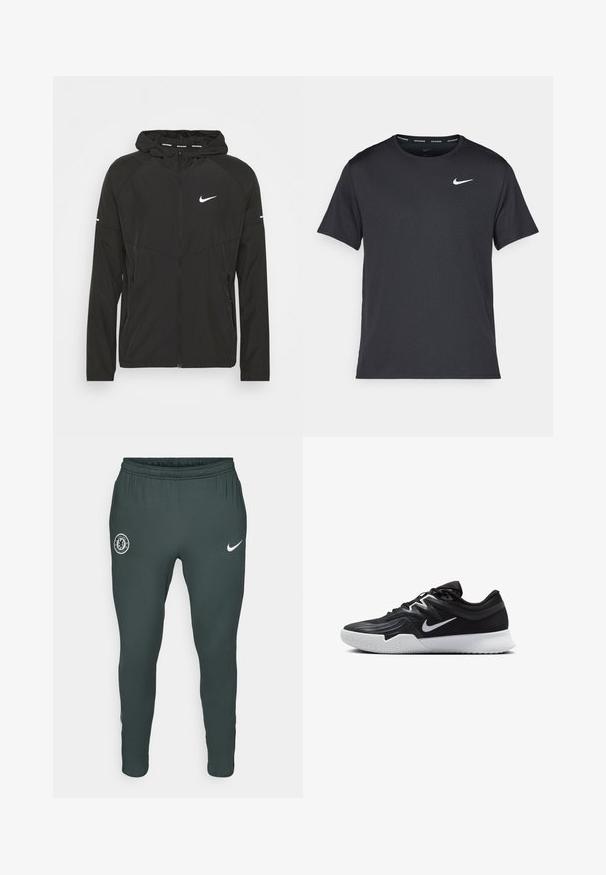 Svart Nike løpejakke med glidelås foran, hette og lange ermer. Har en hvit logo på brystet og striper på ermene.; Svart Nike løpe-T-skjorte laget av lett, pustende stoff, med korte ermer og en liten hvit logo på brystet.; Mørkegrønne treningsbukser med elastisk midje, som har Chelsea FC-logo på venstre lår og hvit Nike-svulst på høyre.; Svart treningssko med teksturert overdel, hvit Nike-swoosh og hvit gummisåle. Har snøring og en dynamisk form.