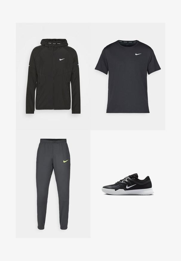 Black Nike running jacket with a zippered front, hood, and long sleeves. Features a white logo on the chest and stripes on the sleeves.; Black Nike running T-shirt made of lightweight, breathable material, featuring short sleeves and a small white logo on the chest.; Gray Nike athletic pants with a tapered design, elastic waistband, and a neon yellow logo on the left thigh, smooth texture, no visible pockets.; Black athletic shoe with a textured upper, white Nike swoosh, and a white rubber outsole. Features a lace-up design and dynamic shape.