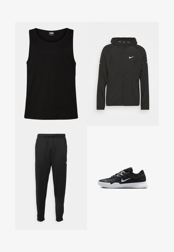 Črna Nike tekaška jakna z zadrgo spredaj, kapuco in dolgimi rokavi. Ima bel logotip na prsih in črte na rokavih.; Črna majica brez rokavov, izdelana iz mehke bombažne tkanine. Ima okroglo izrezovanje in široke armhole, brez vidnih vzorcev ali dodatkov.; Črne športne hlače iz gladkega materiala, z elastičnim pasom, zoženimi hlačnicami in majhnim belim logotipom na levi strani.; Črne atletske čevlje z teksturirano zgornjico, belim Nike znakom in belim gumijastim zunanjim podplatom. Imajo vezalni dizajn in dinamično obliko.