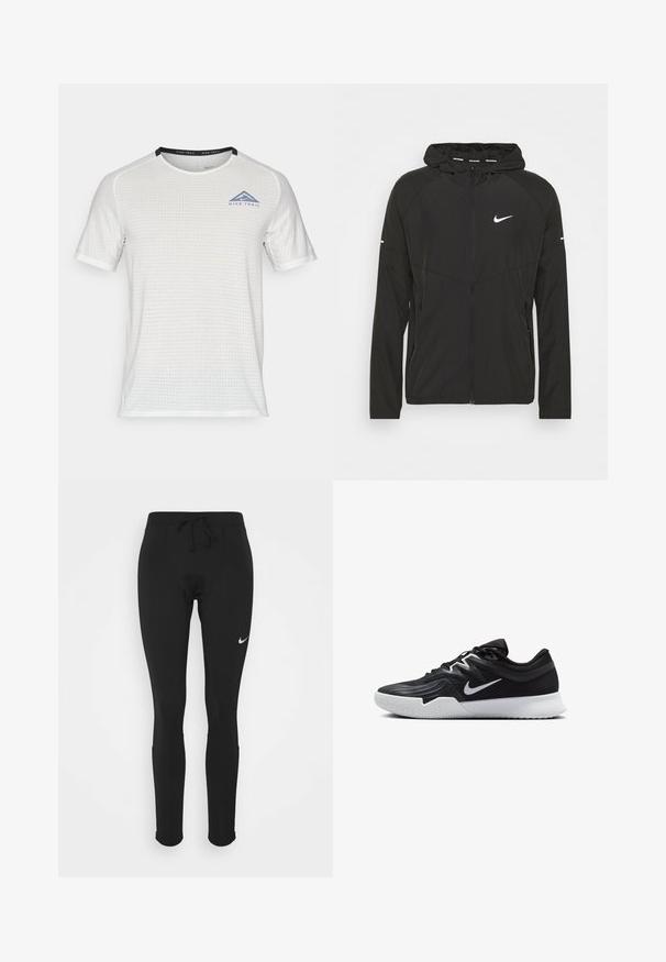 Must värviga Nike jooksmise jakk, millel on lukuga esiosa, kapuuts ja pikad varrukad. Rinna peal on valge logo ja varrukatel triibud.; Nike Performance SOLAR CHASE - Spordi T-särk - summit white/black; Mustad must sportlikud retuusid, millel on reguleeritav vöökoht, valmistatud venivast kangast, ja vasakul reiel on väike valge Nike logo.; Must mustad jalanikesad rikaste ülaservaga, valge Nike swoosh'i ja valge kummist välispõhjaga. Omab paeltega sulgemisdetaili ja dünaamilist kuju.