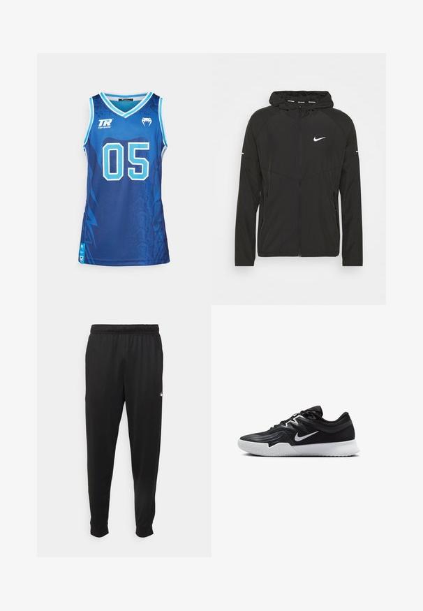 Fekete Nike futódzseki cipzáros elülső résszel, kapucnival és hosszú ujjakkal. Jellemzője a fehér logó a mellkason és csíkok az ujjakon.; Venum RANK ORIGINAL TANK - Felső - navy blue; Fekete sportos nadrág sima anyagból, rugalmas derékkal, szűkülő lábakkal és egy kis fehér logóval a bal oldalon.; Fekete sportcipő texturált felsőrésszel, fehér Nike logóval és fehér gumitalppal. Fűzős kialakítással és dinamikus formával rendelkezik.