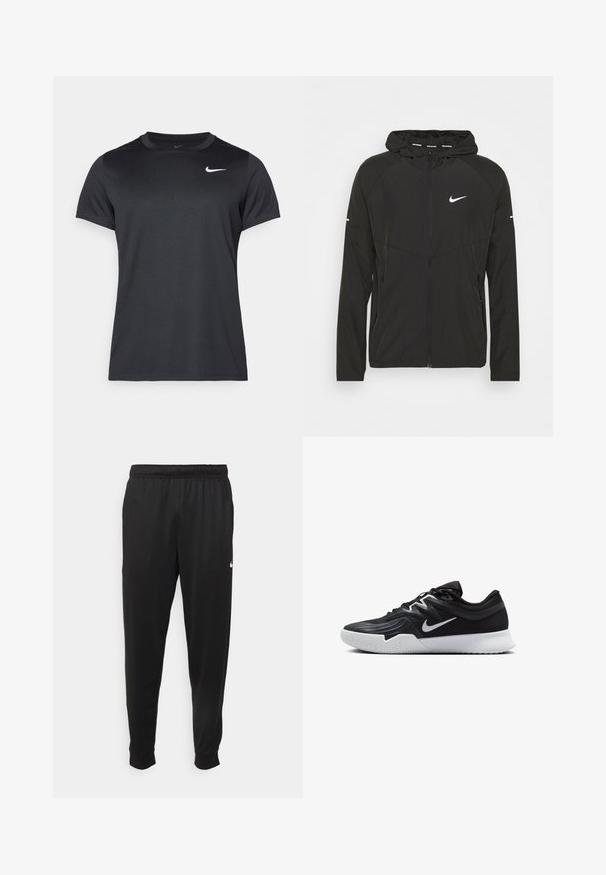 Musta Nike-juoksutakki, jossa on vetoketjullinen etuosa, huppu ja pitkät hihat. Takissa on valkoinen logo rinnassa ja raidat hihoissa.; Musta Nike urheilupaita, jossa on lyhyet hihat, pyöreä kaula-aukko, sileä rakenne ja valkoinen logo vasemmassa yläkulmassa.; Mustat urheiluhousut, jotka on valmistettu sileästä kankaasta. Niissä on joustava vyötärö, kapenevat lahkeet ja pieni valkoinen logo vasemmalla puolella.; Musta urheilukenkä, jossa on teksturoitu päällinen, valkoinen Nike-tikkaus ja valkoinen kumipohja. Kenkässä on nauhakuji ja dynaaminen muoto.