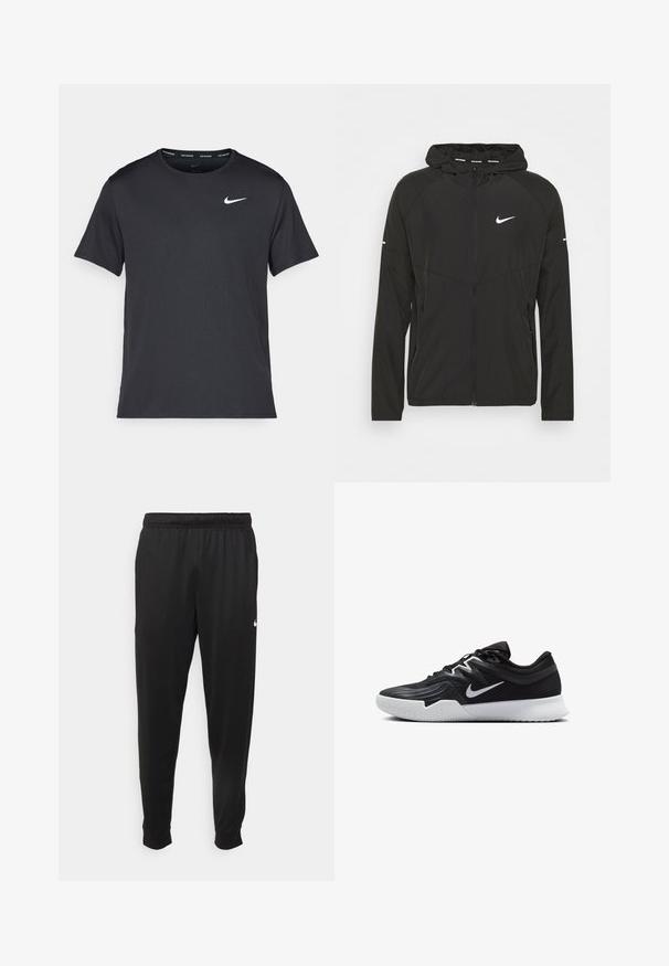 Crna Nike jakna za trčanje s rajsferšlusom sprijeda, kapuljačom i dugim rukavima. Ima bijeli logo na prsima i pruge na rukavima.; Crna Nike majica za trčanje napravljena od laganog, prozračnog materijala, s kratkim rukavima i malim bijelim logotipom na prsima.; Crne atletske hlače od glatkog materijala, s elastičnom pasicom, sužavajućim nogavicama i malim bijelim logom na lijevoj strani.; Crna sportska cipela s teksturiranim gornjim dijelom, bijelim Nike swooshom i bijelim gumennim potplatom. Ima dizajn s vezanjem i dinamičan oblik.