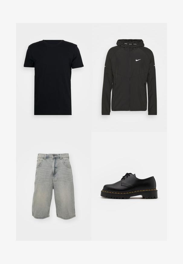 Zwarte Nike hardloopjack met een ritssluiting aan de voorkant, capuchon en lange mouwen. Heeft een wit logo op de borst en strepen op de mouwen.; Zwarte T-shirt met korte mouwen en ronde hals, gemaakt van gladde stof, met een eenvoudige snit en zonder zichtbare patronen of ontwerpen.; Lichtblauwe denim shorts met een relaxte fit, voorzien van vijf zakken, riemlussen en een vervaagde textuur. De zoom is opgerold en gestikt.; Zwarte leren veterschoen met een ronde neus, getextureerde rubberen zool en gele stiksels rond de basis. Plat ontwerp en een gladde afwerking.