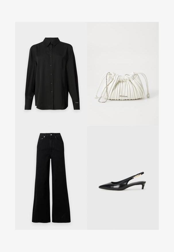 Black wrap coat made of soft fabric, featuring a notch collar, wide sleeves, and a matching tie belt. Label on the left sleeve with logo.; Gray knit T-shirt with short sleeves, round neckline, and a smooth texture. Features minimal branding near the hem. Simple, classic design.; Black button-up shirt made of smooth fabric, featuring a classic collar, long sleeves, and a tailored fit with subtle shoulder detailing.; Black wide-leg jeans made from denim, featuring a high waist, five pockets, front button closure, and minimal stitching details.; Black leather slingback heels with a pointed toe, featuring a slim heel and a gold-tone accent on the adjustable strap. Smooth texture.; White pleated handbag made of soft material. Features drawstring closure, braided handles, and a silver-tone hardware accent.