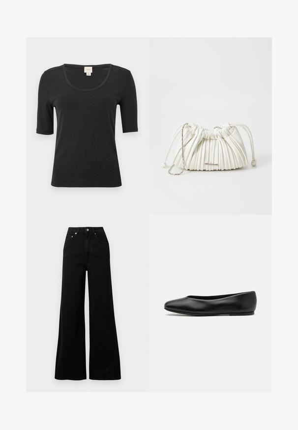 Cappotto avvolgente nero in tessuto morbido, caratterizzato da un colletto a risvolto, maniche ampie e una cintura in coordinato. Etichetta sulla manica sinistra con logo.; T-shirt grigio a maglia con maniche corte, collo rotondo e una texture liscia. Presenta un branding minimale vicino all'orlo. Design semplice e classico.; T-shirt nero a maniche corte realizzato in tessuto morbido, caratterizzato da un ampio scollo a cuore e una vestibilità rilassata. Nessun motivo o accentuazione presente.; Jeans neri a gamba larga realizzati in denim, con vita alta, cinque tasche, chiusura frontale con bottoni e dettagli di cuciture minimaliste.; Paul Smith TOPANGA - Ballerine - black; Borsa a pieghe bianca realizzata in materiale morbido. Presenta una chiusura con coulisse, manici intrecciati e un accento in metallo color argento.