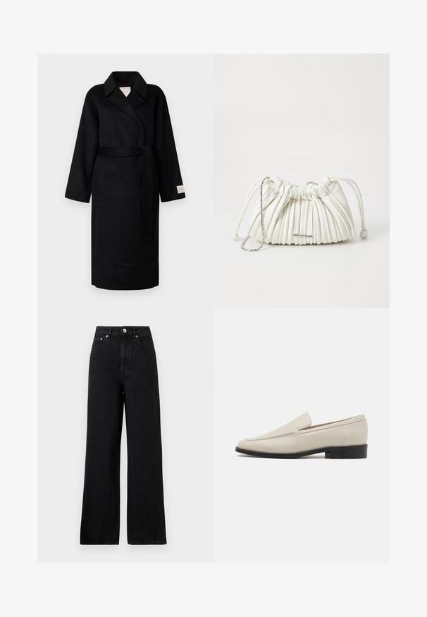 Črn plašč s krojem iz mehkega blaga, z izrezanim ovratnikom, širokimi rokavi in usklajeno vezno vrvico. Oznaka na levem rokavu z logotipom.; Siva pletena majica s kratkimi rokavi, okroglim izrezom in gladko teksturo. Ima minimalno blagovno znamko blizu roba. Preprost, klasičen dizajn.; Črne kavbojke visoke pasu s širokim krojem, ki imajo pet žepov in srebrne kovinske dodatke. Splošna gladka tekstura.; Bež usnjeni slip-on loafers z elegantnim dizajnom, mandljevo oblikovanim nosom, minimalnim šivanjem in nizko črno peto. Gladka tekstura.; Bela plisirana torba iz mehkega materiala. Ima vrvico za zapiranje, pletene ročaje in srebrn obroč kot poudarek.