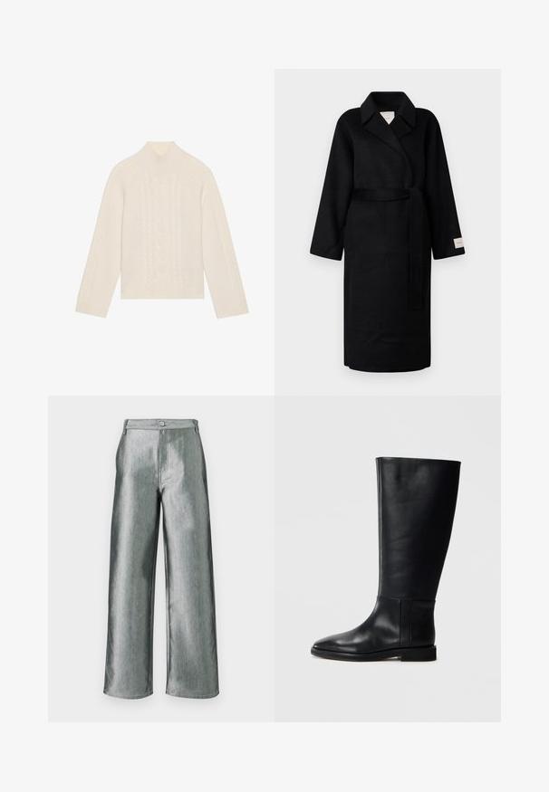 Cappotto avvolgente nero in tessuto morbido, caratterizzato da un colletto a risvolto, maniche ampie e una cintura in coordinato. Etichetta sulla manica sinistra con logo.; Maglione lavorato a maglia color crema con collo alto e dettagli a treccia. Presenta maniche lunghe e polsini e orlo a coste.; Pantaloni metallizzati argento a vita alta con gamba larga, chiusura con bottoni e cerniera, mostrati distesi su uno sfondo bianco.; Stivale in pelle nera al ginocchio con punta arrotondata, texture liscia, design minimalista e suola piatta. Dettagli di cucitura semplici sulla gamba.