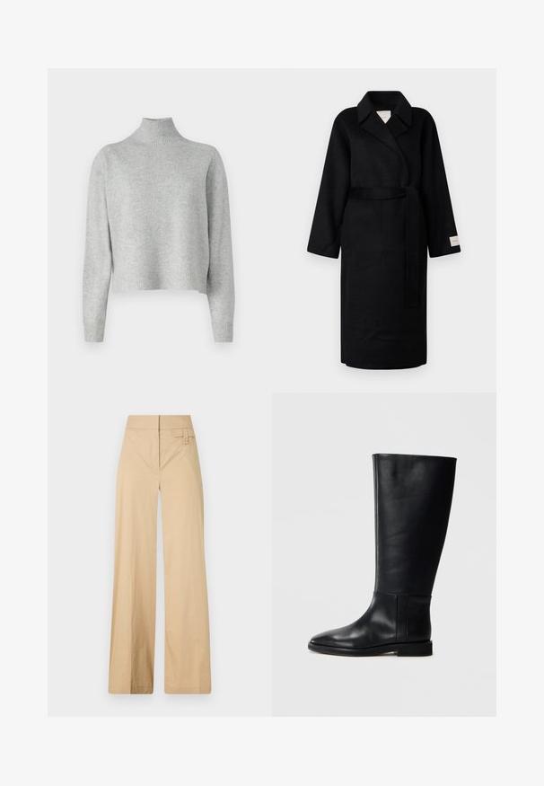 Melna apmetņa jaka, izgatavota no mīksta auduma, ar grieztu apkakli, plašām piedurknēm un atbilstošu siksnu. Uz kreisās piedurknes ir birka ar logo.; Gai pelēks augstā kakla džemperis, izgatavots no mīksta adījuma auduma, ar garām piedurknēm un ribotu apakšmalu un aprocēm. Nav rakstu vai metāla detaļu.; Beige platajuma bikses, kas izgatavotas no kokvilnas maisījuma auduma. Tām ir gluda tekstūra, elastīga josta un sānu pogu detaļa.; Melnas ādas līdzceļgala zābaki ar noapaļotu pirkstu, gludu tekstūru, minimālistisku dizainu un plakanu zoli. Vienkāršas šuvju detaļas uz zābaku augšdaļas.