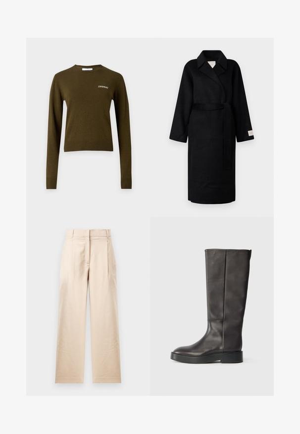 Melna apmetņa jaka, izgatavota no mīksta auduma, ar grieztu apkakli, plašām piedurknēm un atbilstošu siksnu. Uz kreisās piedurknes ir birka ar logo.; Olive zaļš, garām piedurknēm džemperis ar ribotu kuplu kaklu un apakšmalu. Iekļauti diskrēti balti "2ND DAY" izšuvumi uz krūtīm. Mīksta tekstūra.; Bežīgas bikses, izgatavotas no gludas auduma. Raksturīga taisna fasona, plakana priekšpuse un divi kroki. Nav redzamu rakstu vai aksesuāru.; Melnas ādas zābaki līdz ceļiem ar biezu zoli un smalku Calvin Klein logo tuvāk augšējai mala, attēlots no sāna.