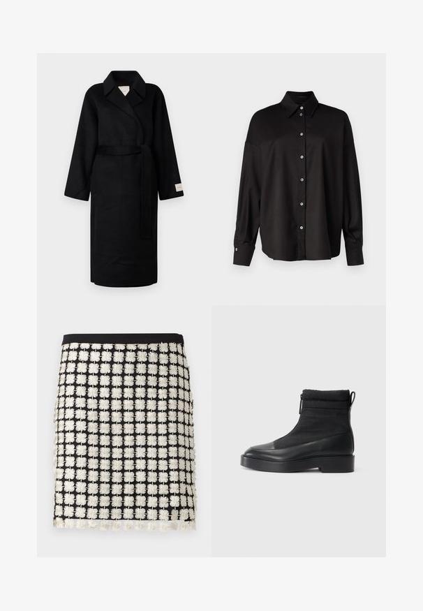 Cappotto avvolgente nero in tessuto morbido, caratterizzato da un colletto a risvolto, maniche ampie e una cintura in coordinato. Etichetta sulla manica sinistra con logo.; DRYKORN LYSILA - Camicia - black; Gonna nera con un design strutturato caratterizzato da motivi floreali ricamati in bianco. Accenti includono dettagli con frange lungo l'orlo e una vita aderente.; Stivali neri alla caviglia con un superiore in tessuto trapuntato testurizzato, punta in pelle liscia e una suola platform nera robusta. Presenta una chiusura con zip e un laccio.