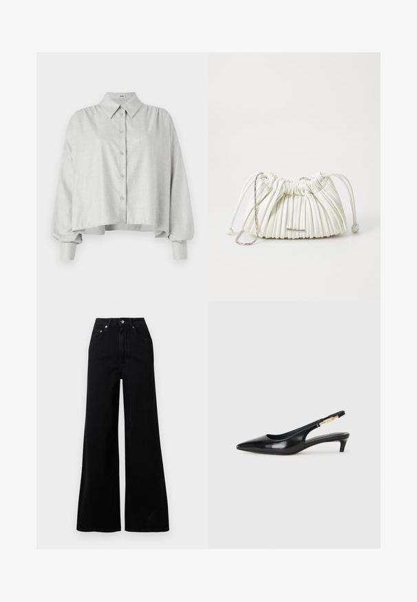 Palton negru din material moale, cu guler în stil notch, mâneci late și un cordon asortat. Etichetă pe mâneca stângă cu logo.; DRYKORN FLANNA - Cămașă - brown; Blugi negri cu croială largă, realizați din denim, cu talie înaltă, cinci buzunare, închidere frontală cu nasturi și detalii minime de cusături.; Sandale slingback din piele neagră cu vârf ascuțit, având un toc subțire și un accent de culoare aurie pe curea ajustabilă. Textură netedă.; Geantă albă plisată, fabricată din material moale. Prezintă închidere cu șnur, mânere împletite și un accent de metal cu nuanță argintie.