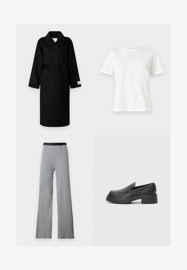 Black wrap coat made of soft fabric, featuring a notch collar, wide sleeves, and a matching tie belt. Label on the left sleeve with logo.; White cotton t-shirt with short sleeves, round neckline, and a relaxed fit. Smooth texture, no patterns or accents, minimalistic design.; Black and white striped flared pants with a smooth elastic waistband. Lightweight fabric, featuring horizontal pattern throughout.; Black leather loafers with a rounded toe, thick textured sole, and minimal stitching details. Sleek design with no visible laces or hardware.