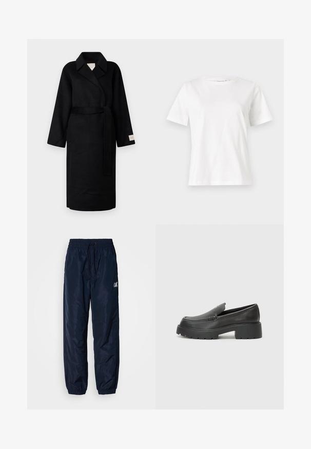 Zwarte wikkeljas van zachte stof, met een notch-kraag, brede mouwen en een bijpassende strikceintuur. Label op de linkermouw met logo.; Witte katoenen t-shirt met korte mouwen, ronde halslijn en een ontspannen pasvorm. Gladde textuur, geen patronen of accenten, minimalistisch ontwerp.; Marine windbrekers met een glanzend synthetisch materiaal, voorzien van een elastische tailleband met trekkoord, omgeslagen boorden en logo-accent.; Zwarte leren instappers met een ronde neus, dikke getextureerde zool en minimale stikseldetails. Strak ontwerp zonder zichtbare veters of hardware.