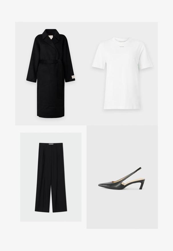 Czarny płaszcz z miękkiego materiału, z kołnierzem w kształcie notcha, szerokimi rękawami i dopasowanym paskiem do przewiązania. Metka na lewym rękawie z logo.; Biała bawełniana koszulka z okrągłym dekoltem, krótkimi rękawami i małym czarnym logo "Calvin Klein" na piersi. Prosty design, bez wzorów.; Czarne spodnie o szerokich nogawkach wykonane z gładkiego materiału. Posiadają wysoki stan, plisowanie z przodu oraz długość do kostek. Minimalistyczny design.; Czarny but na obcasie typu slingback z ostro zakończonym noskiem, z niskim obcasem, wykonany z gładkiej skóry, z wycięciem po boku dla lepszej wentylacji.