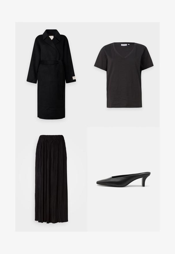 Sort indpakningsfrakke lavet af blødt stof, med en notched krave, brede ærmer og et matchende bælte. Etiket på venstre ærme med logo.; Sort bomulds T-shirt med V-hals og korte ærmer. Enkel design med regular fit og ingen mønstre eller accenter.; Sort plisseret maxiskørt med elastisk talje, der har lodrette folder og en glat overflade, designet til en svajende silhuet.; Sorte læder mules med spids tå og lav stiletto hæl. Glat tekstur, minimalistisk design og åben bagdel for nem påtagning.