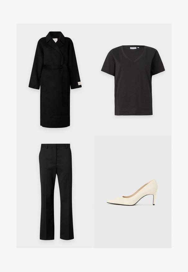 Juodas apklotinis paltas, pagamintas iš minkštos medžiagos, su notch tipo apykakle, plačiomis rankovėmis ir derančiu diržu. Etiketė kairėje rankovėje su logotipu.; Juodas medvilninis marškinėlis su V formos iškirpte ir trumpomis rankovėmis. Paprastas dizainas, reguliaraus kirpimo, be raštų ar akcentų.; Juodos pritaikytos kelnės su tiesiu kirpimu. Pagamintos iš lygaus audinio, su lygiu priekiu ir standartine juosme, turinčia diržo kilpas.; Baltos odinės aukštakulnės klasikinės bateliai su smailiu pirštu, lygia tekstūra ir juodu padu. Klasikinis dizainas su vidutiniu kulno aukščiu.