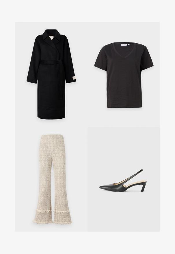 Crni kaput omotan od mekog materijala, s izrezanim ovratnikom, širokim rukavima i odgovarajućim remenom. Oznaka na lijevom rukavu s logom.; Crni pamučni T-shirt s V-izrezom i kratkim rukavima. Jednostavan dizajn s regularnom krojem i bez uzoraka ili akcenta.; Hlače širokih nogavica od teksturirane bež tkanine, s resama na rubovima i visokim strukom. Dizajn nudi opušteni kroj i obilnu draperiju.; Crne cipele s izduženim vrhom i remenom oko pete, s niskom petom, izrađene od glatke kože i s izrezbarenom stranom radi prozračnosti.