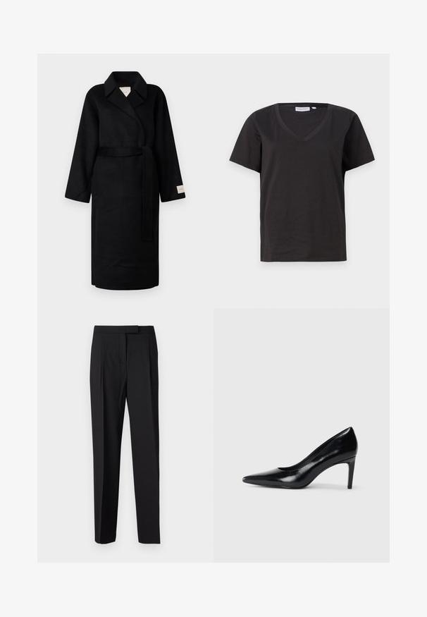 Schwarzer Wickelmantel aus weichem Stoff, mit Reverskragen, weiten Ärmeln und einem passenden Krawattengürtel. Etikett am linken Ärmel mit Logo.; Schwarzes Baumwoll-T-Shirt mit V-Ausschnitt und kurzen Ärmeln. Einfaches Design mit normalem Schnitt und ohne Muster oder Akzente.; Schwarze maßgeschneiderte Hosen aus glattem Stoff, mit geradem Bein-Design, seitlichen Taschen und einem dezenten Haken- und Riegelverschluss an der Taille.; Schwarzer Lederhochschuh mit spitzem Zehenbereich, glatter Textur und schmalem Absatz. Minimalistisches Design, keine zusätzlichen Verzierungen.