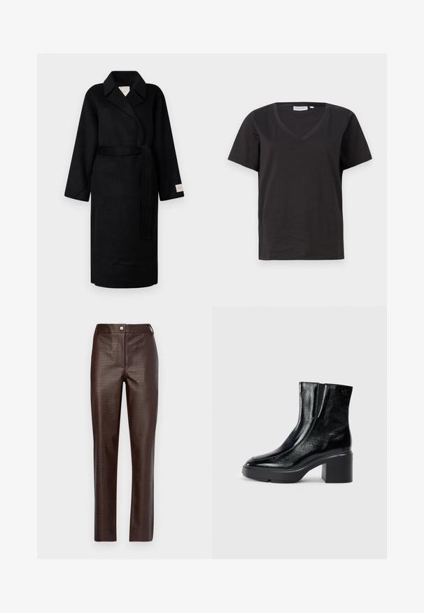 Must mustriib, pehmest kangast, millel on krae, laiad varrukad ja vastav vöö. Vasakul varrukal silt logoga.; Must musta T-särk V-kaelusega ja lühikeste varrukatega. Lihtne disain, regulaarne istuvus, ilma mustrite ja aktsentideta.; Pruunist faux nahast pükstest, millel on krokodillide tekstuur. Omab kitsast lõiget, esimest nööpkiirendust ja sirgeid jalgu.; Mustmustest must paeltega särkide, millel on kõver varvas, elastsed külgpaneelid ja jäme plokkpealse. Tagaküljel on reljeefne logo.