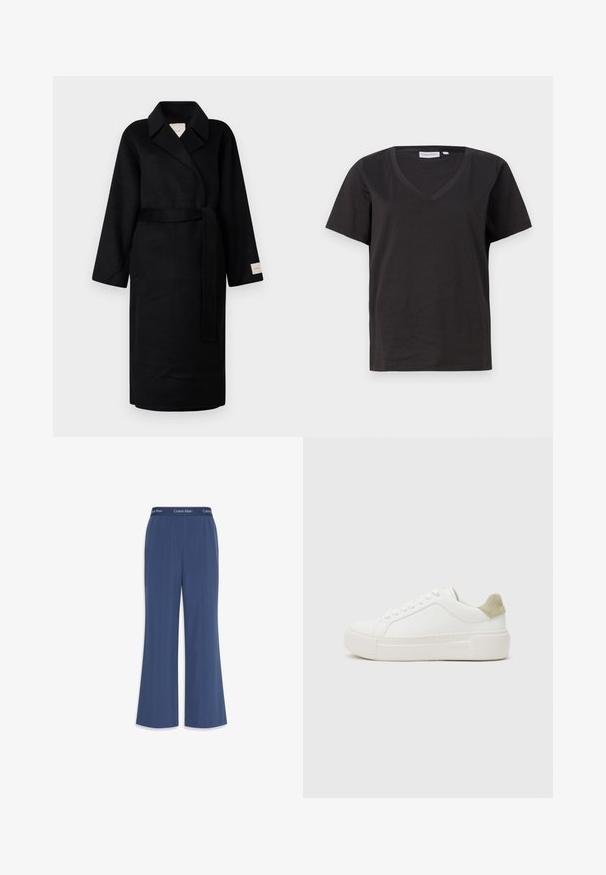 Fekete, puha anyagból készült átlós kabát, kihajtós gallérral, széles ujjakkal és hozzáillő övvel. A bal ujján logós címke található.; Fekete pamut póló V-nyakkal és rövid ujjakkal. Egyszerű dizájn, normál fazon, minta vagy díszítés nélkül.; Tengerészkék, széles lábú nadrág puha anyagból, sima textúrával. Rugalmas derékkal rendelkezik, amelyen a "Calvin Klein" logó található a tetején.; Fehér sneaker sima bőr felsőrésszel, világosszürke velúr sarkú kiegészítéssel és masszív fehér gumitalppal. Fűzős kialakítású.