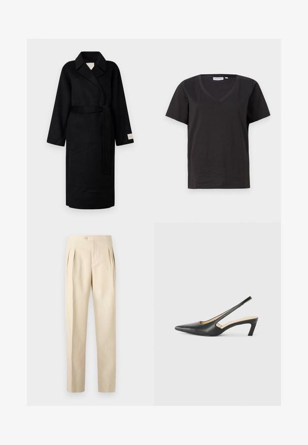 Melna apmetņa jaka, izgatavota no mīksta auduma, ar grieztu apkakli, plašām piedurknēm un atbilstošu siksnu. Uz kreisās piedurknes ir birka ar logo.; Melnas kokvilnas T-krekls ar V veida kakla izgriezumu un īsām piedurknēm. Vienkāršs dizains ar regulāru piegriezumu un bez rakstiem vai akcentiem.; Bežās, augsta jostasvietas bikses ar priekšējiem krokām, vienu pogu aizdari un taisnu kāju dizainu. Izgatavotas no teksturēta, austs auduma.; Melna, ar smailu purngalu, slingback kurpe ar zemu papēdi, izgatavota no gludas ādas materiāla un ar izgriezumiem sānos gaisa caurlaidībai.