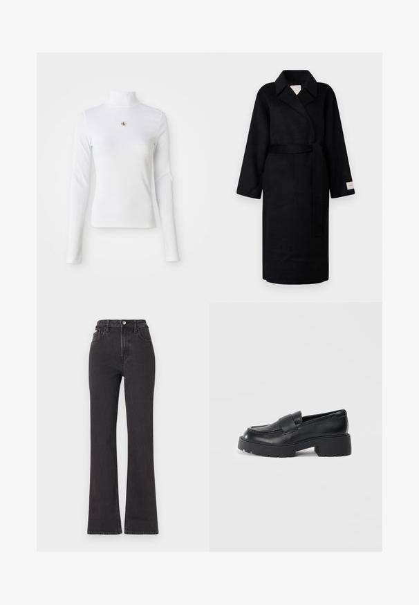 Zwarte wikkeljas van zachte stof, met een notch-kraag, brede mouwen en een bijpassende strikceintuur. Label op de linkermouw met logo.; Witte turtleneck met lange mouwen, gemaakt van ribbelstof. Bevat een klein geborduurd logo in het midden. Aansluitend ontwerp zonder patronen.; Zwarte hoge taille flared jeans van denim, met een knoopsluiting, riemlussen en zijzakken. Gladde textuur met minimale vervaging.; Zwarte leren instappers met een gestructureerde afwerking, voorzien van een rechthoekige band over de voorkant en een robuuste, gegroefde zool.