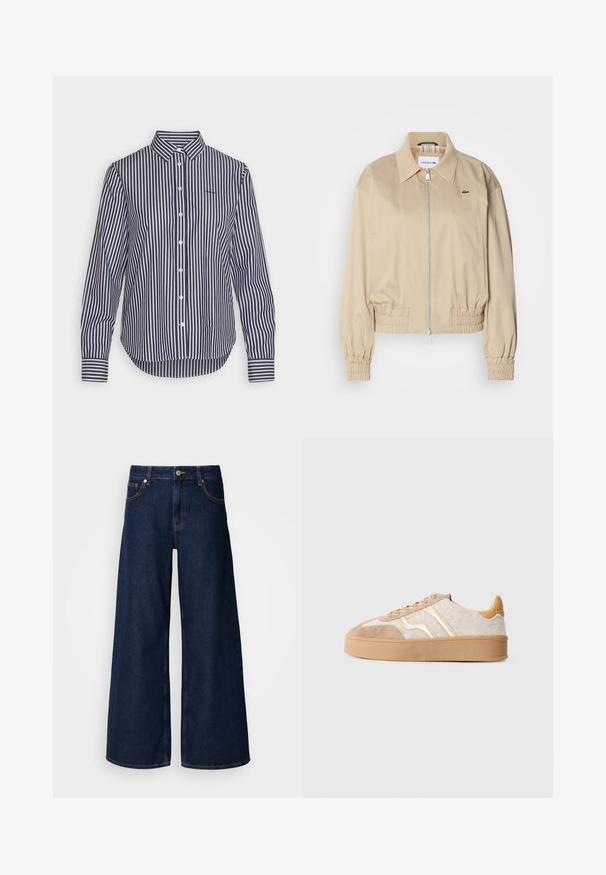 Beige lühike jakk, mis on valmistatud kergest kangast, millel on täispikki tõmblukk, elastsed mansetid ja diskreetne logo rinnal.; Tumesinine ja valge triibuline pikakäine särk klassikalise krae, nööbiga kinnituse ja kontrastsete mansettide detailidega. Pehme materjal sileda tekstuuriga.; Laialised tumedast sinisest denimist teksad kõrge vöökoha ja esipocketitega, millel on nööbikinnitus. Omab kontrastset õmblust ja siledat tekstuuri.; Pruunid ja kreemjad spordijalatsid, millel on tekstureeritud villane ülemine osa, nubukaktsendid, kuldsed triibud ja kummist põhi. Madala profiiliga disain.