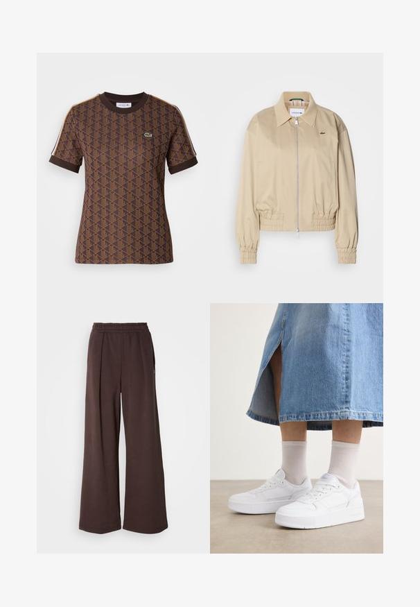 Beige lühike jakk, mis on valmistatud kergest kangast, millel on täispikki tõmblukk, elastsed mansetid ja diskreetne logo rinnal.; Pruun lühikese varrukaga T-särk, millel on tumedamas pruunis geomeetriline muster, ribaga ümmargune kaelus ja kontrastsed õlavarre triibud. Lacoste logo on kohal.; Pruunid laiad püksid, millel on elastne vöökoht ja küljetaskud. Valmistatud pehmest kangast, millel on sile tekstuur ja puhas, lihtne disain.; Valged seemnetega nahast tossud, millel on platvormpõhi, ümar nina ja sidumise süsteem; koos heledate hallide lühikesed sokid ja teksaseelikuga.