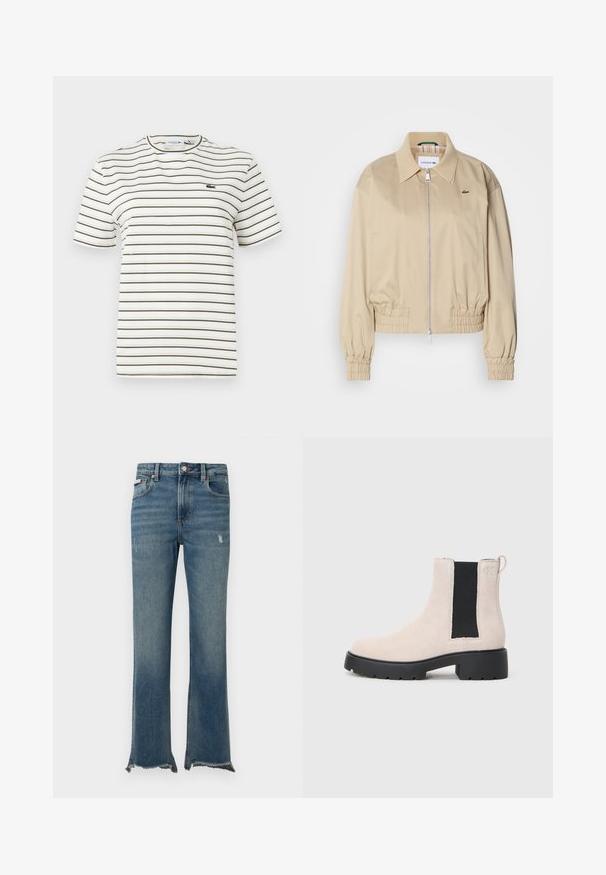Beige cropped jacket made of lightweight fabric, featuring a full zipper, elasticated cuffs, and a subtle logo on the chest.; Striped t-shirt in white with thin olive green lines. Features a crew neck, short sleeves, and a small Lacoste logo on the chest.; Blue denim jeans with slight distressing, raw frayed hems, front pockets, belt loops, and a button closure.; Beige suede Chelsea boot with black elastic side panel, chunky black sole, and pull tab at ankle.