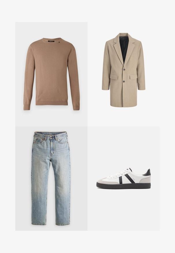 Bézs színű kabát, éles hajtókával, egygombos záródással és két elülső zsebbel. Texturált anyagból készült, sima belső béléssel.; Beige hosszú ujjú pulóver, kerek nyakkivágással, puha, texturált anyagból készült. Bordás mandzsettákkal és aljjal rendelkezik, valamint egy kis logós részlet található rajta.; Világoskék farmernadrág magas derékkal, elülső gombbal, cipzárral és öt zsebbel, sima háttérre fektetve.; Fehér sneaker fekete és szürke részletekkel, textúrált szürke orr résszel, fekete gumitalppal és lapos fehér fűzőkkel. Tiszta dizájn, minimalista stílus.