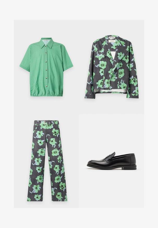 Gėlių švarkas su juodu fonu, dideliais žaliais ir mėlynais žiedais, atvartais ir priekinėmis kišenėmis. Pagamintas iš tekstūruotos medžiagos.; Žalia trumpomis rankovėmis palaidinė su tinklo raštu, mygtukų uždarymu ir elastinga apdaila. Pagaminta iš lengvos medžiagos su klasikinio kirpimoカラー.; Tamsiai pilkos gėlėmis išpaišytos kelnės su didelėmis žalios ir mėlynos spalvos gėlėmis. Pridedamas suderintas diržas su daugybe kniedžių ir skylučių.; Juodos odinės loafers, turinčios lygų paviršių, apvalią noselę ir dekoratyvinę juostą per priekinę dalį. Žemas krentantis kulnas, minimalistinis dizainas.