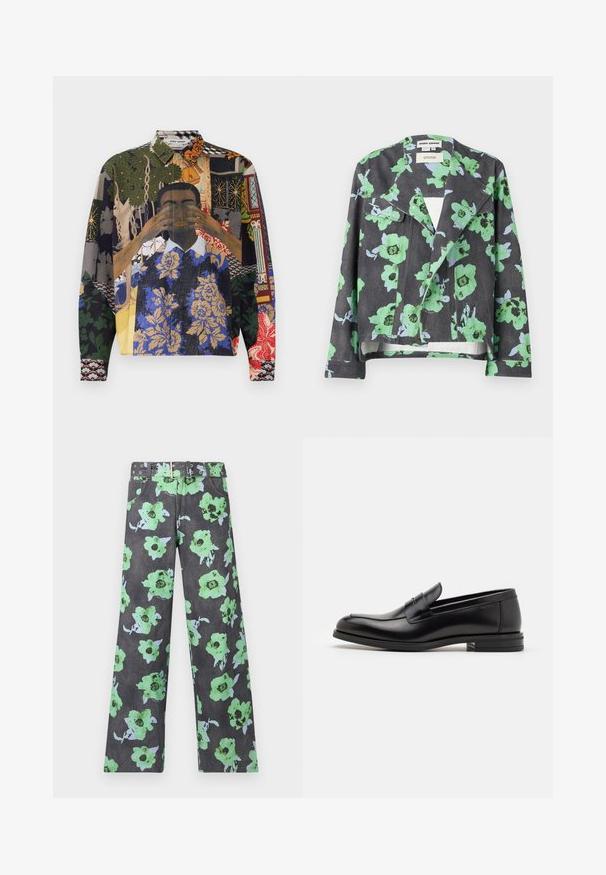 Kwiatowa kurtka z czarnym tłem, dużymi zielono-niebieskimi kwiatami, kołnierzem z klapami i kieszeniami z przodu. Wykonana z teksturowanej tkaniny.; Koszula na guziki w wielu kolorach, z kolażem wzorów, w tym motywów kwiatowych, geometrycznych oraz ilustracyjnych na teksturowanej tkaninie.; Czarna bawełniana koszulka z krótkim rękawem, z niebieskim napisem "CHROŃ SWOJĄ ENERGIĘ" oraz grafiką na górnej lewej stronie.; Spodnie we wzory kwiatowe w ciemnoszarym kolorze z dużymi zielonymi i niebieskimi kwiatami. Zawierają pasujący pasek z wieloma ćwiekami i oczkami.; Czarne skórzane mokasyny o gładkiej fakturze, zaokrąglonym nosku i dekoracyjnym pasku na przodzie. Niski, warstwowy obcas, minimalistyczny design.