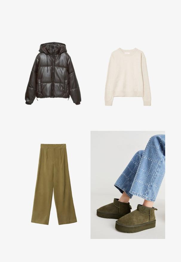 Smeđa jakna s pjenastim punjenjem i kapuljačom, s patentnim zatvaračem sprijeda, uzicom i bočnim džepovima. Izrađena od glatkog, sjajnog materijala s kvadratnim uzorkom.; Bež džemper s dugim rukavima i okruglim izrezom, s rebrastim manžetama i rubom, izrađen od mekog pletiva, prikazan na bijeloj pozadini.; Hlače širokih nogavica u maslinasto zelenoj boji, napravljene od mekog materijala. Imaju visok struk, prednje plitke nabore i glatku teksturu.; Maslinasto zelene antilop čizmice do gležnja s debelim, teksturiranim đonom i trakom za povlačenje. Uparene s svijetloplavim, ukrašenim trapericama.