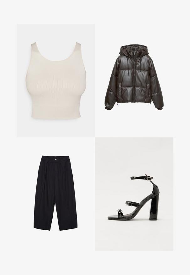 Smeđa jakna s pjenastim punjenjem i kapuljačom, s patentnim zatvaračem sprijeda, uzicom i bočnim džepovima. Izrađena od glatkog, sjajnog materijala s kvadratnim uzorkom.; Bežani rebrasti kratki top s širokim trakama, okruglim izrezom i prilagođenim strukom. Tekstura je glatka, s rastezljivim, laganim materijalom.; Crne poliester hlače culotte s elastičnim pojasom, dva prednja nabora i širokim krojem. Nema vidljivih uzoraka ili metalnih detalja.; Crne lakirane sandale na pete sa kvadratnim nosom, trakama oko gležnja i srebrnim kopčama. Imaju čvrst blok petu za stabilnost.