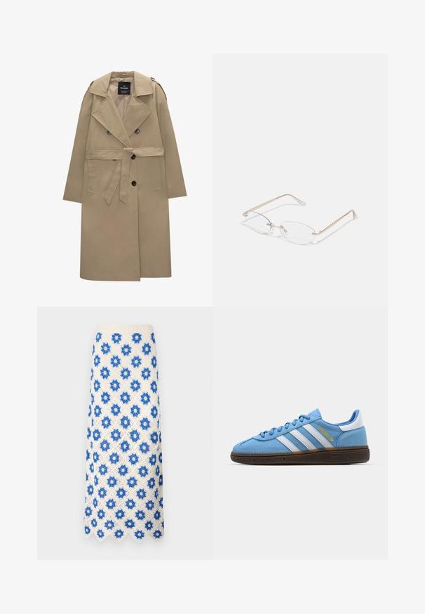 Beige trenchcoat med dobbeltknapped front, stor krave, sidelommer og bælte. Stoffet ser glat og vandafvisende ud.; Tre ærmeløse skjorter i blå, sort og hvid. Stoffet er ribbet med en rund halsudskæring. Hver skjorte har et mærke med teksten "even&odd."; Hvid maxinederdragt med blå blomsterprint. Scallopet kant og tekstureret design tilføjer detaljer til stoffet.; Lyseblå ruskinds sneakers med hvide læderstribes, en brun struktureret sål og detaljer i guld. Lav-top design med rund tå.; Guldmetal briller med ovale linser, slanke arme og klare næsepuder. Har subtile hængsel accenter og gennemsigtige linser.